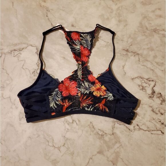 PINK VS Tropical Hibiscus Floral Wireless Front Closure Lined Lace Bralette - Picture 3 of 5